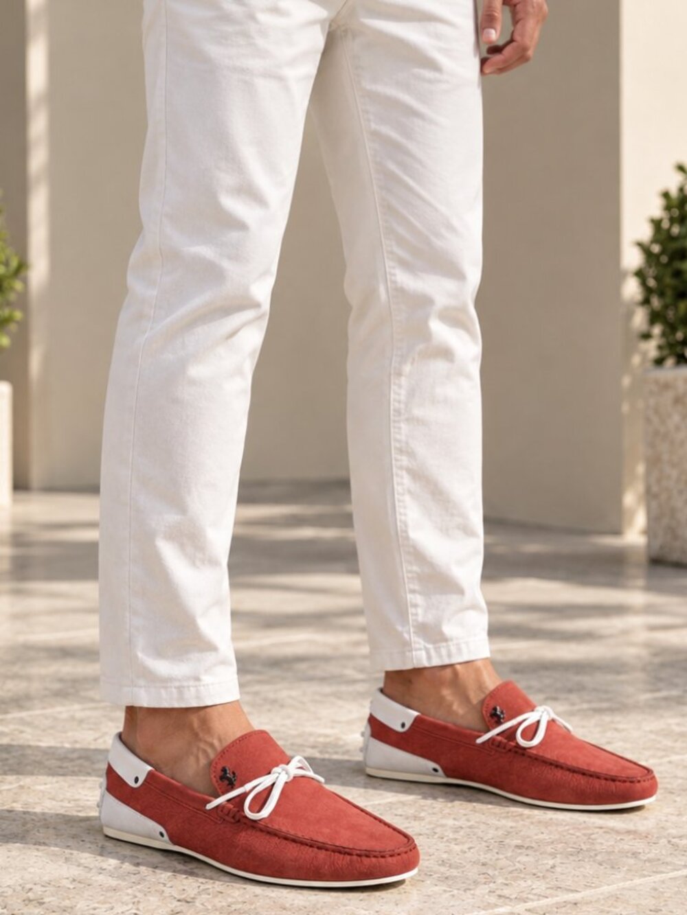 Authentic Tod’s for Ferrari Men’s Red Suede Driving Loafers White Trim Sz 6